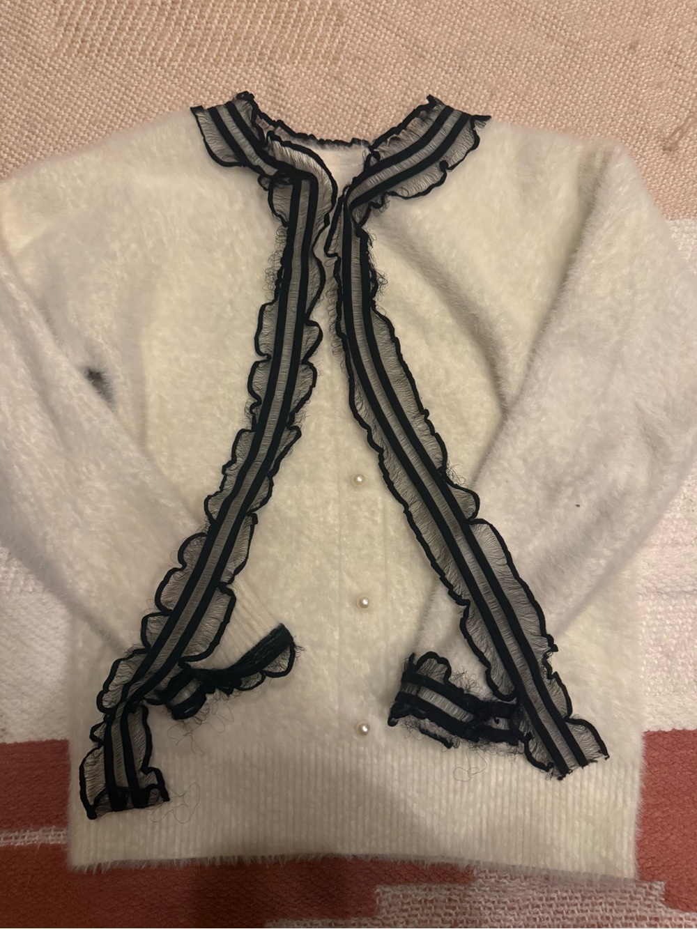 White Ruffle-Trim Knit Sweater Cardigan with Pearl Buttons